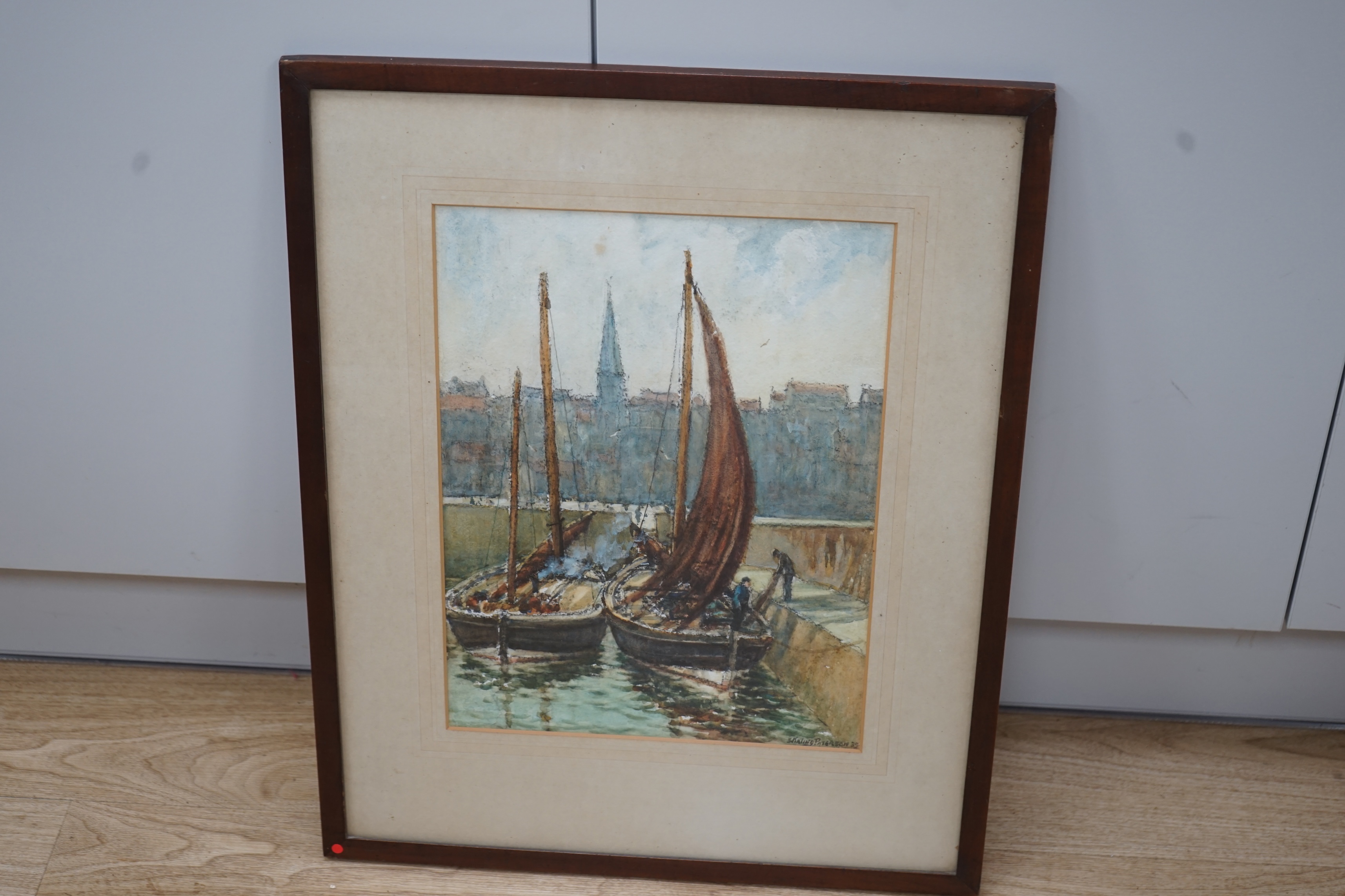 Robert Edouard Stirling Paterson (fl.1890-1940), watercolour, 'Moored fishing boats, Italy', signed and dated '39, 39 x 29cm. Condition - fair